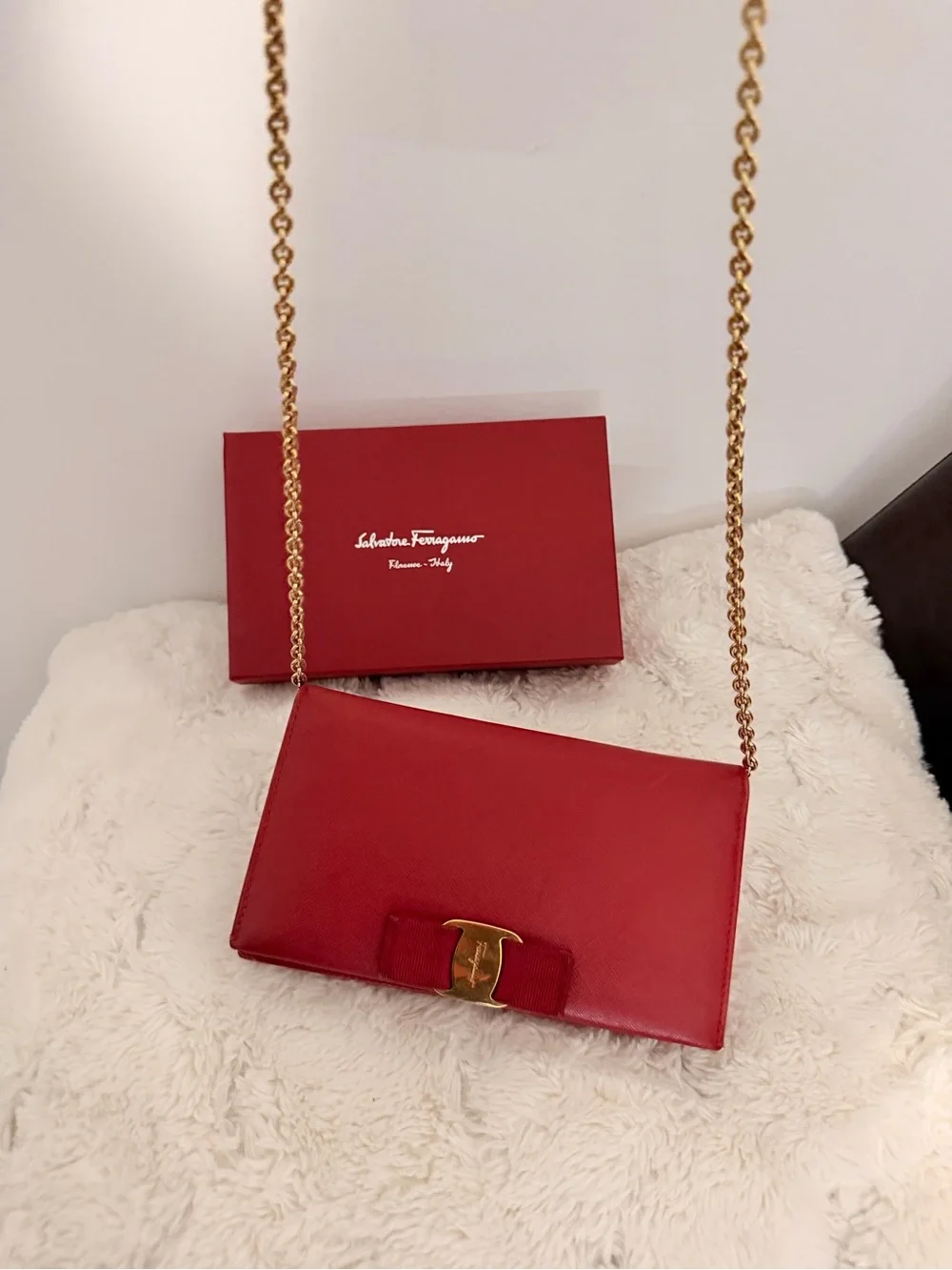 Salvatore Ferragamo Red Leather Vara Bow Chain Crossbody